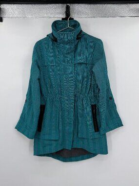 G.E.T. Teal Plaid Utility Jacket Hooded Lightweight Anorak Cinched Waist Small